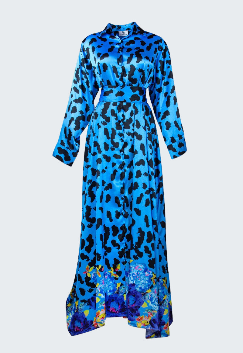 Blue dress with black leopard print on a white background