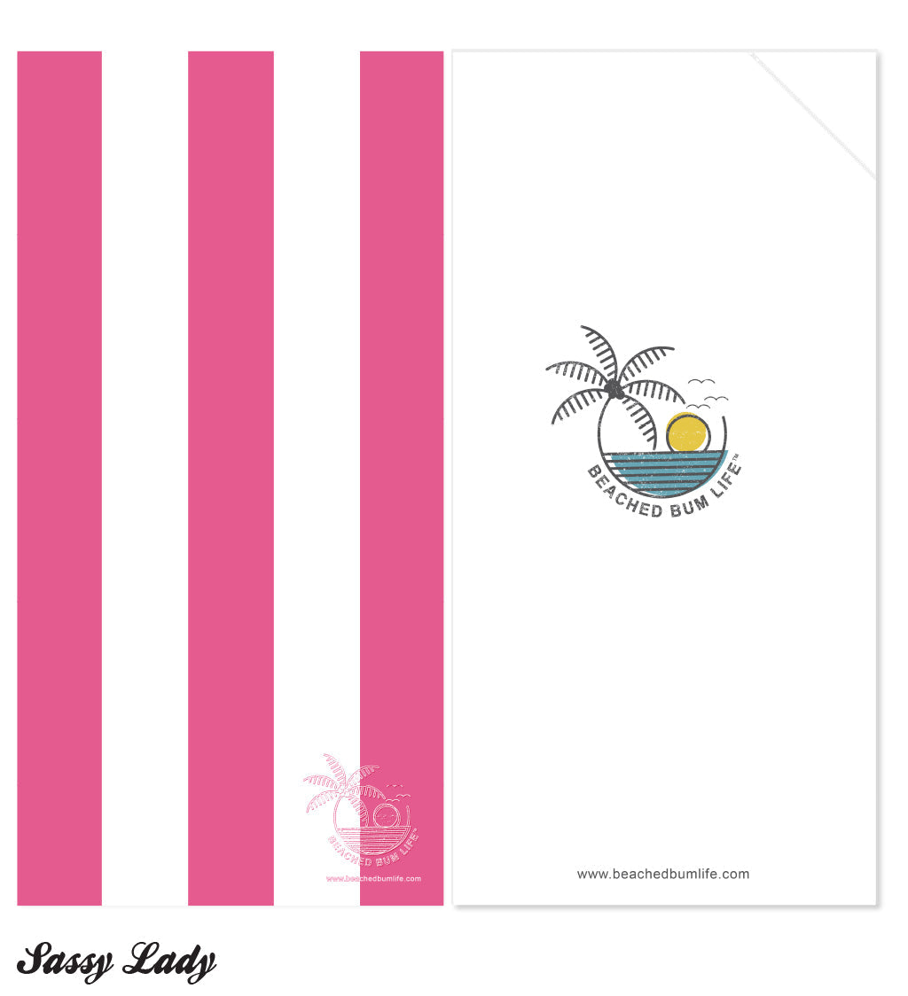 Pink striped design with 'Beached Bum Life' logo and 'Sassy Lady' text on a white background