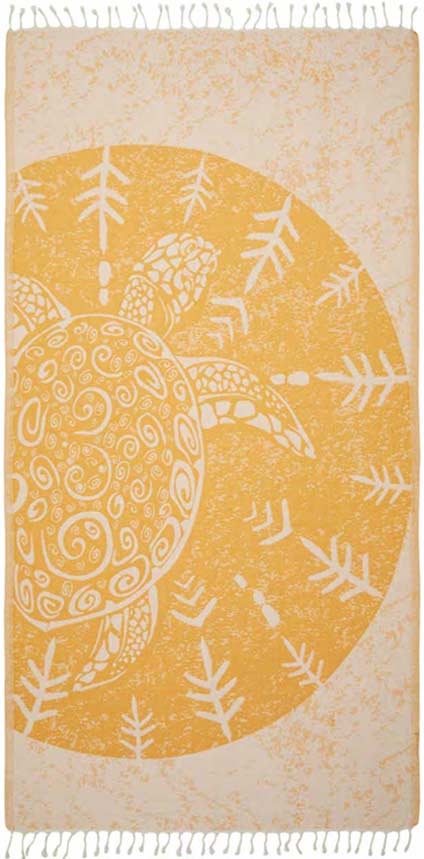 Towel with a turtle design on a yellow and beige background