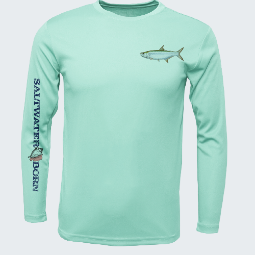 Mint green long-sleeve shirt with fish design and 'Saltwater Born' text on a white background
