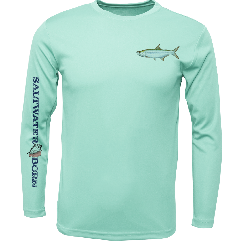 Mint green long-sleeve shirt with fish design and 'Saltwater Born' text on a white background