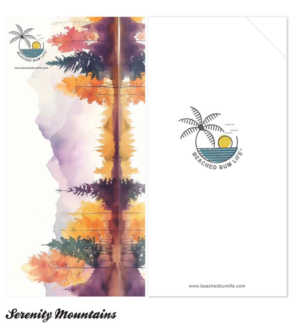 Tie-dye design with palm trees and 'Beached Bum Life' logo on a white background
