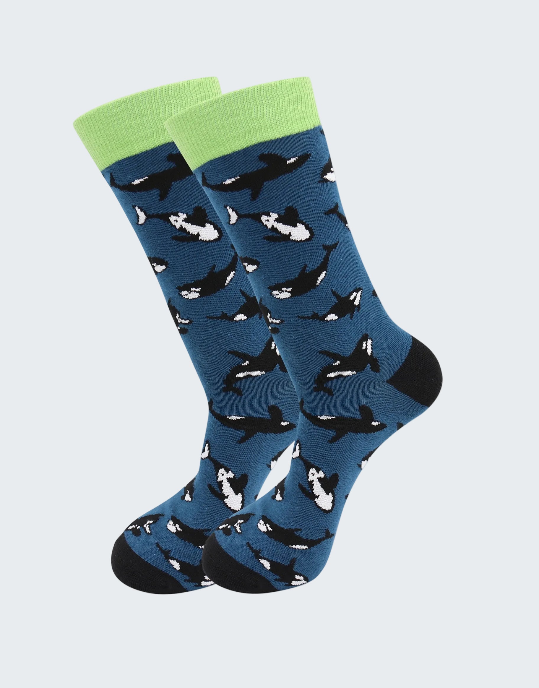 Blue socks with whale pattern and green cuffs on a white background