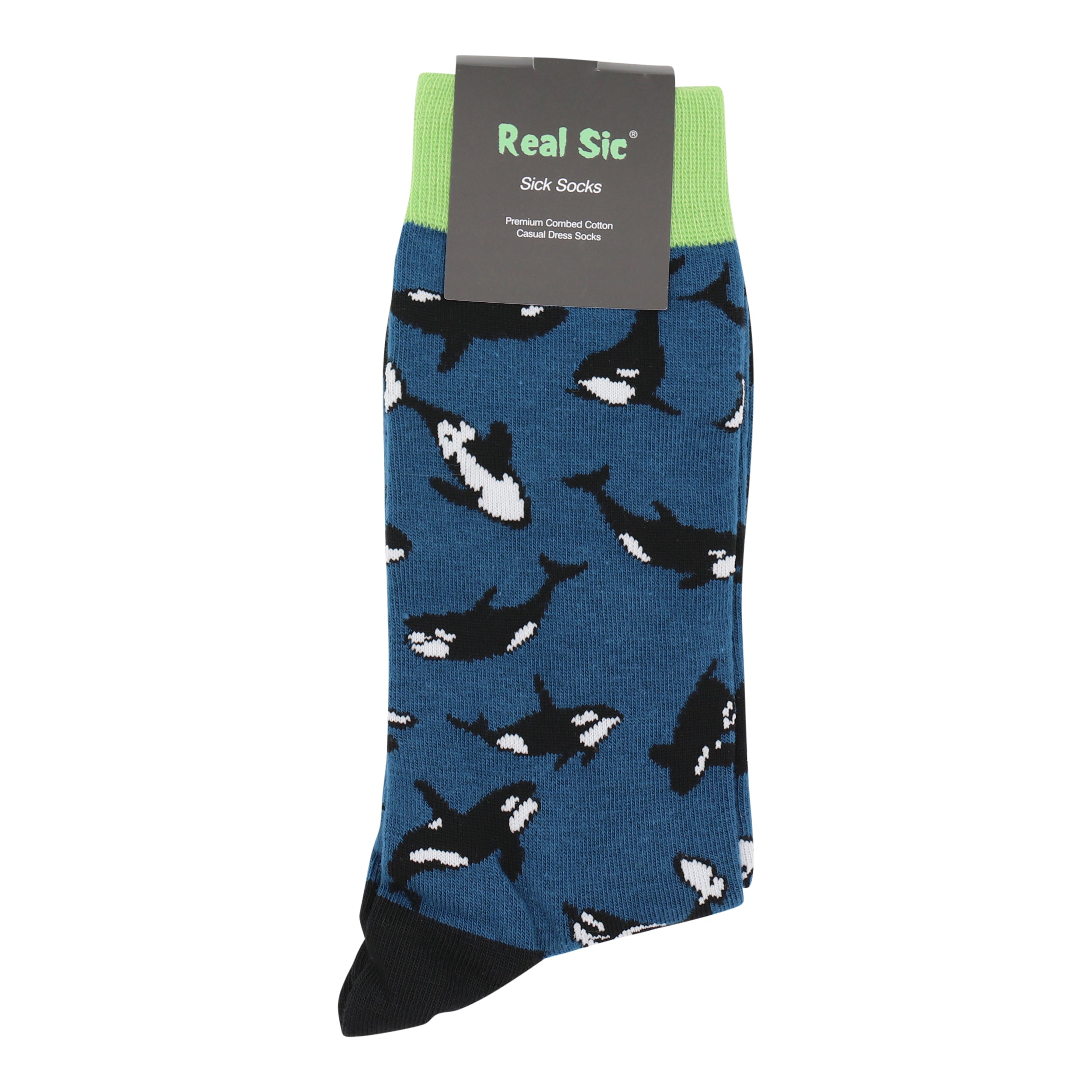 Blue sock with orca whale pattern on a white background, featuring 'Real Sic' brand.