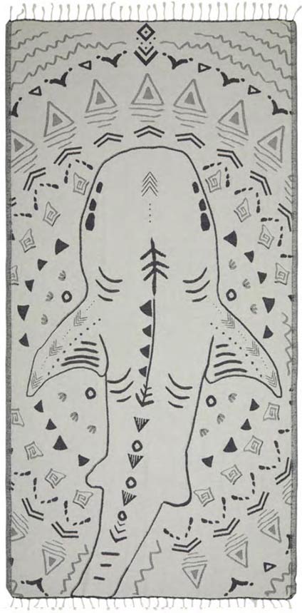 Decorative towel with shark design and geometric patterns on a gray background