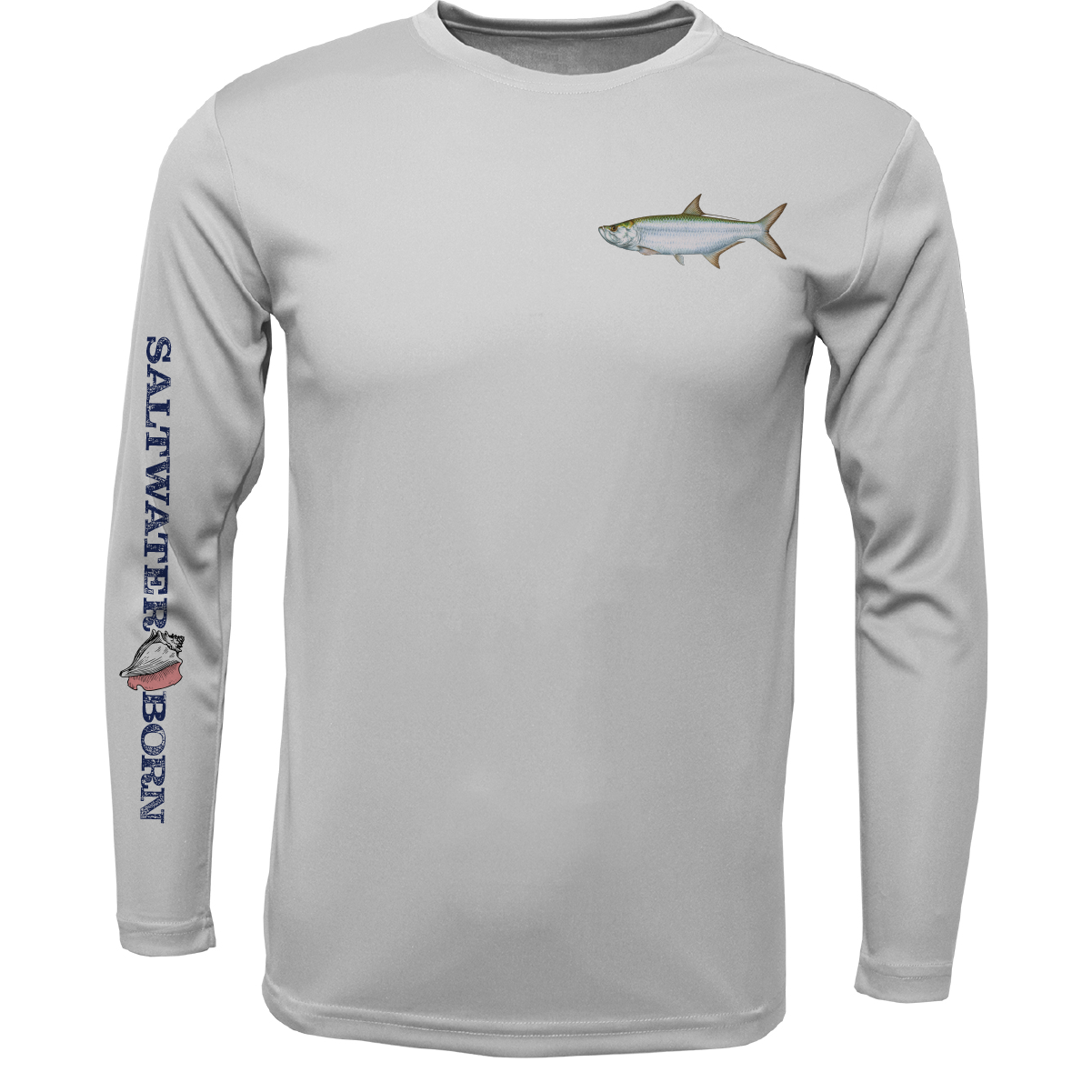 Gray long-sleeve shirt with fish design and 'Saltwater Born' text on a white background