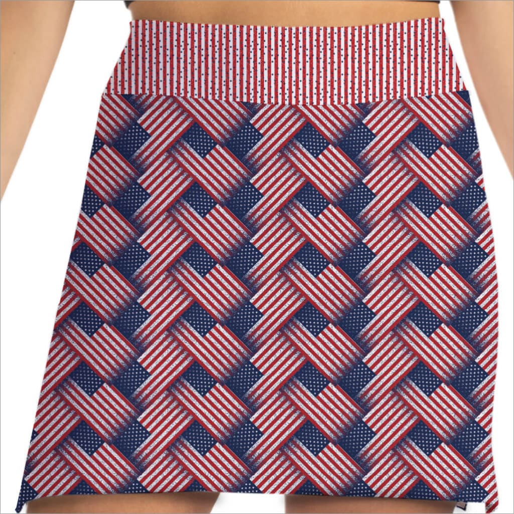 Skirt with a pattern of interwoven red and blue stripes on a white background