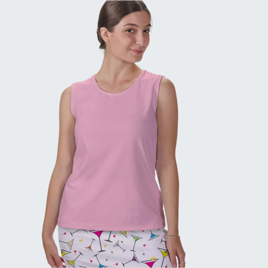 Woman wearing a pink sleeveless top with a white background