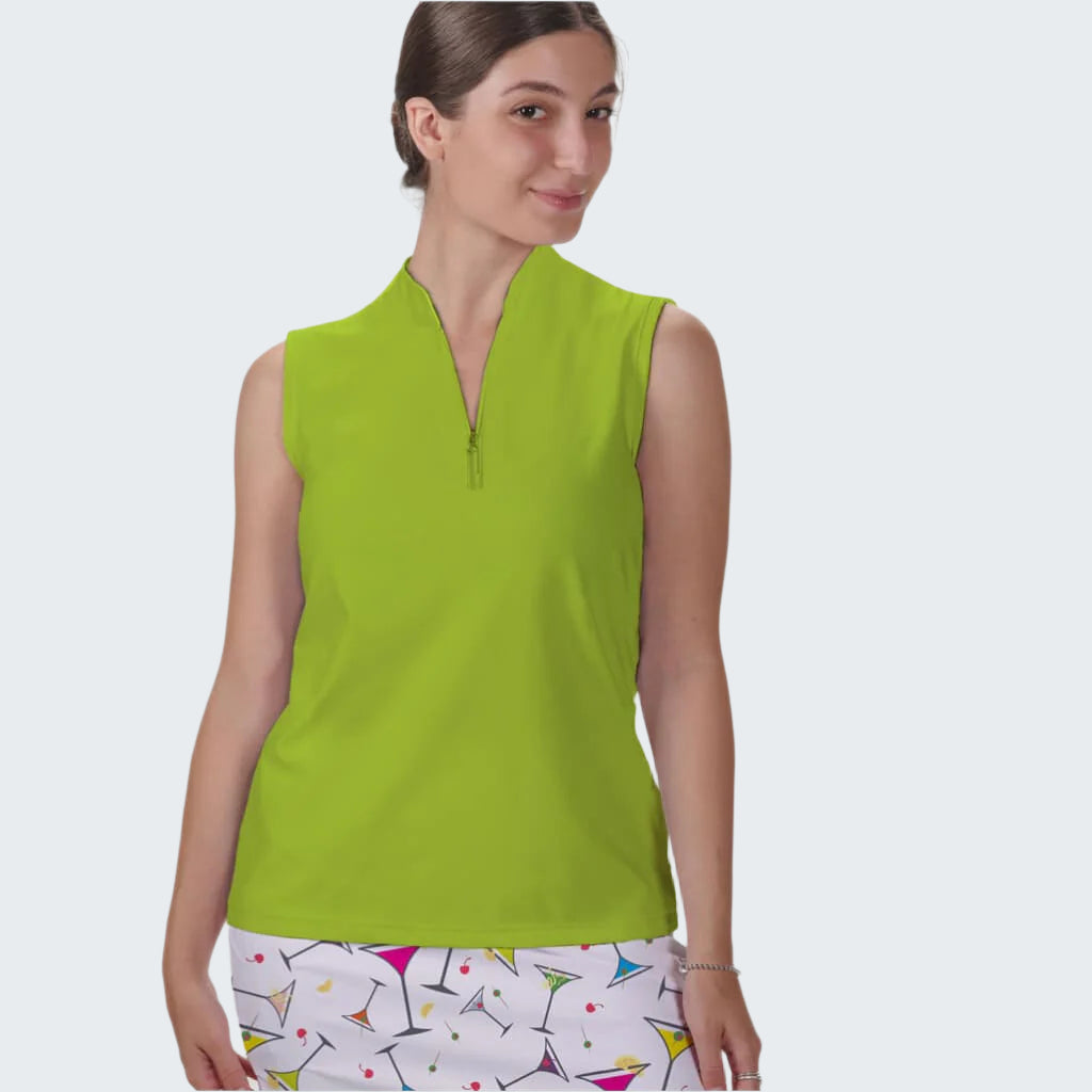 Woman wearing a green sleeveless top with a white background