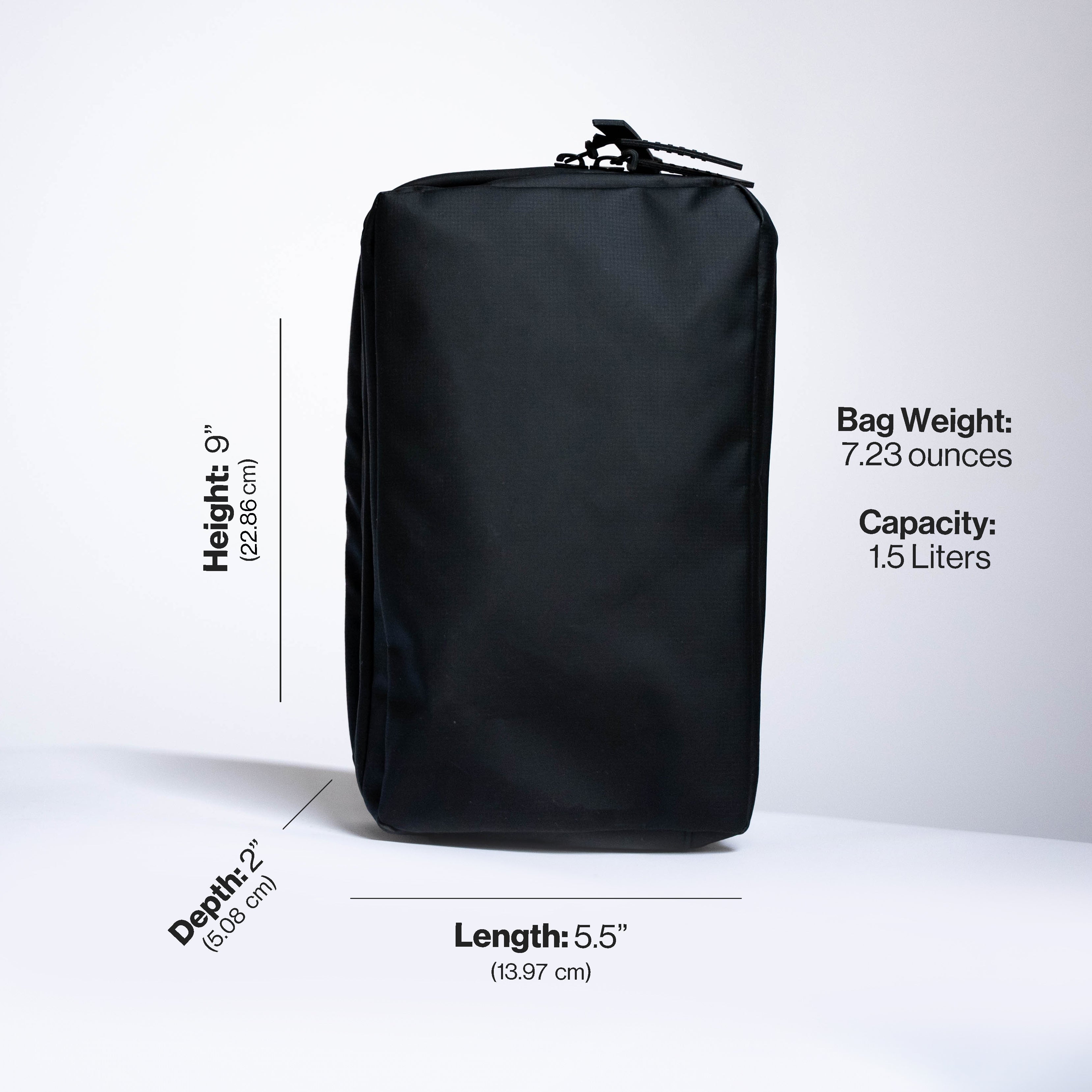 Black travel bag with measurements and specifications on a white background