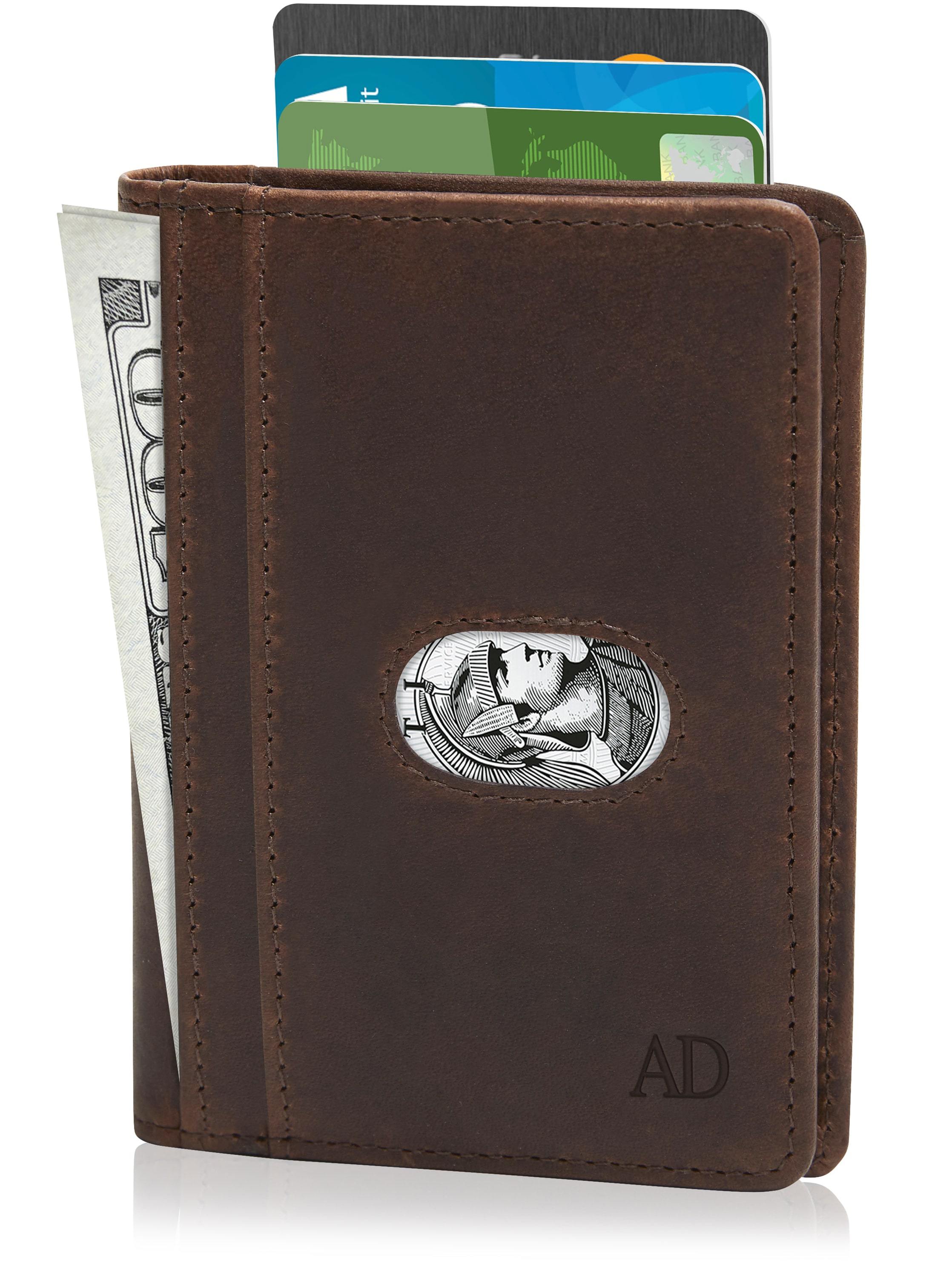 Brown leather wallet with metal emblem and card slots on a white background