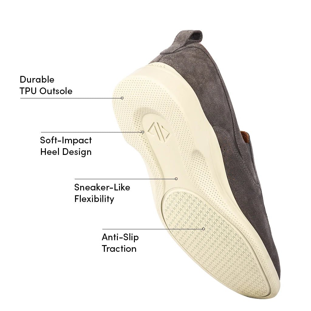 Gray shoe with labeled features on a white background