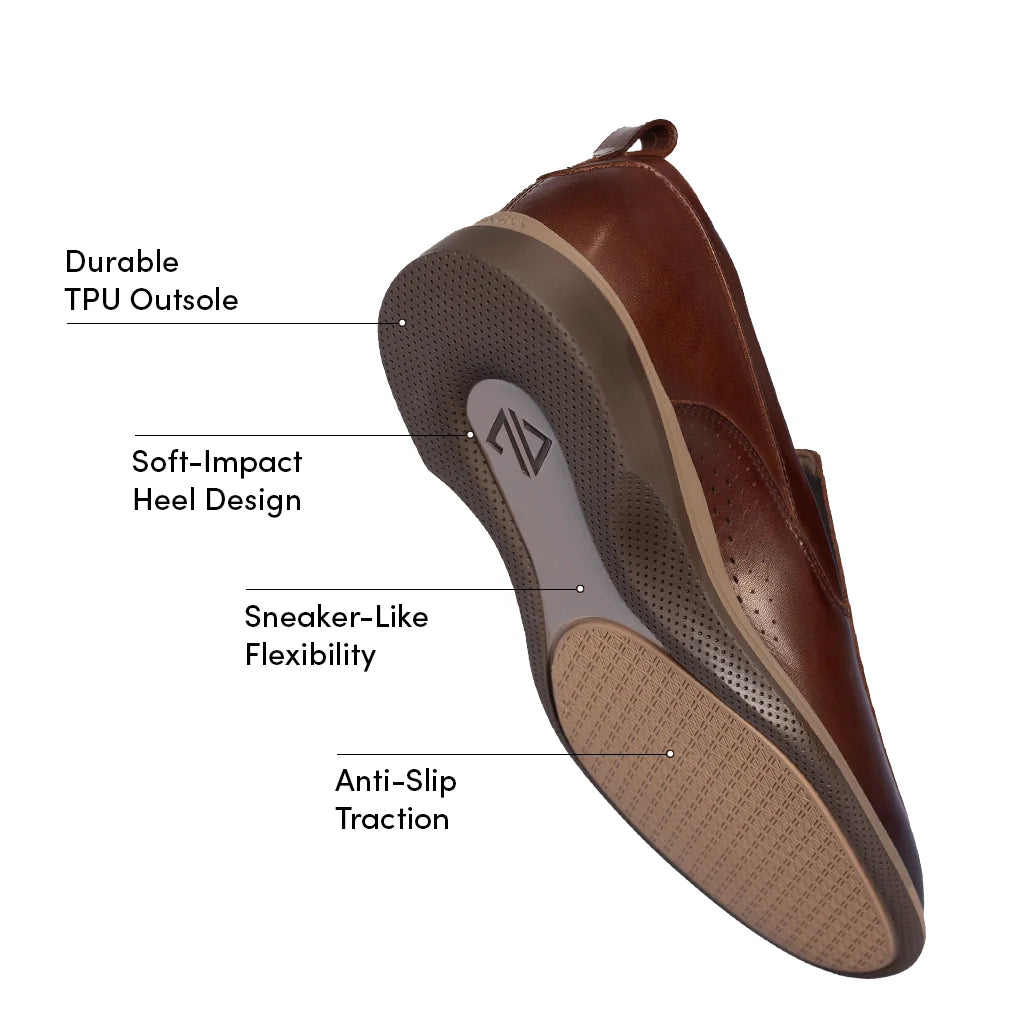 Brown shoe with labeled features on a white background