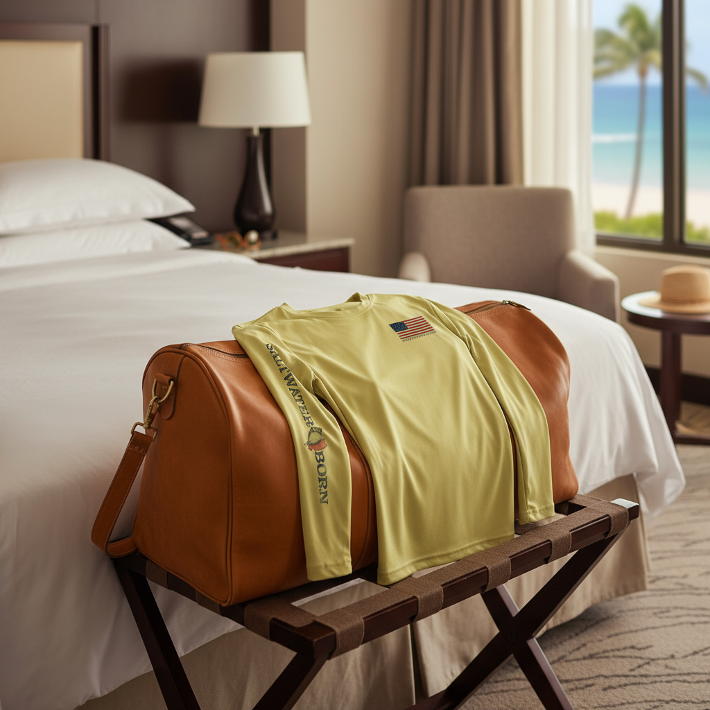 Yellow long-sleeve shirt with American flag and 'Saltwater Born' text on a white background