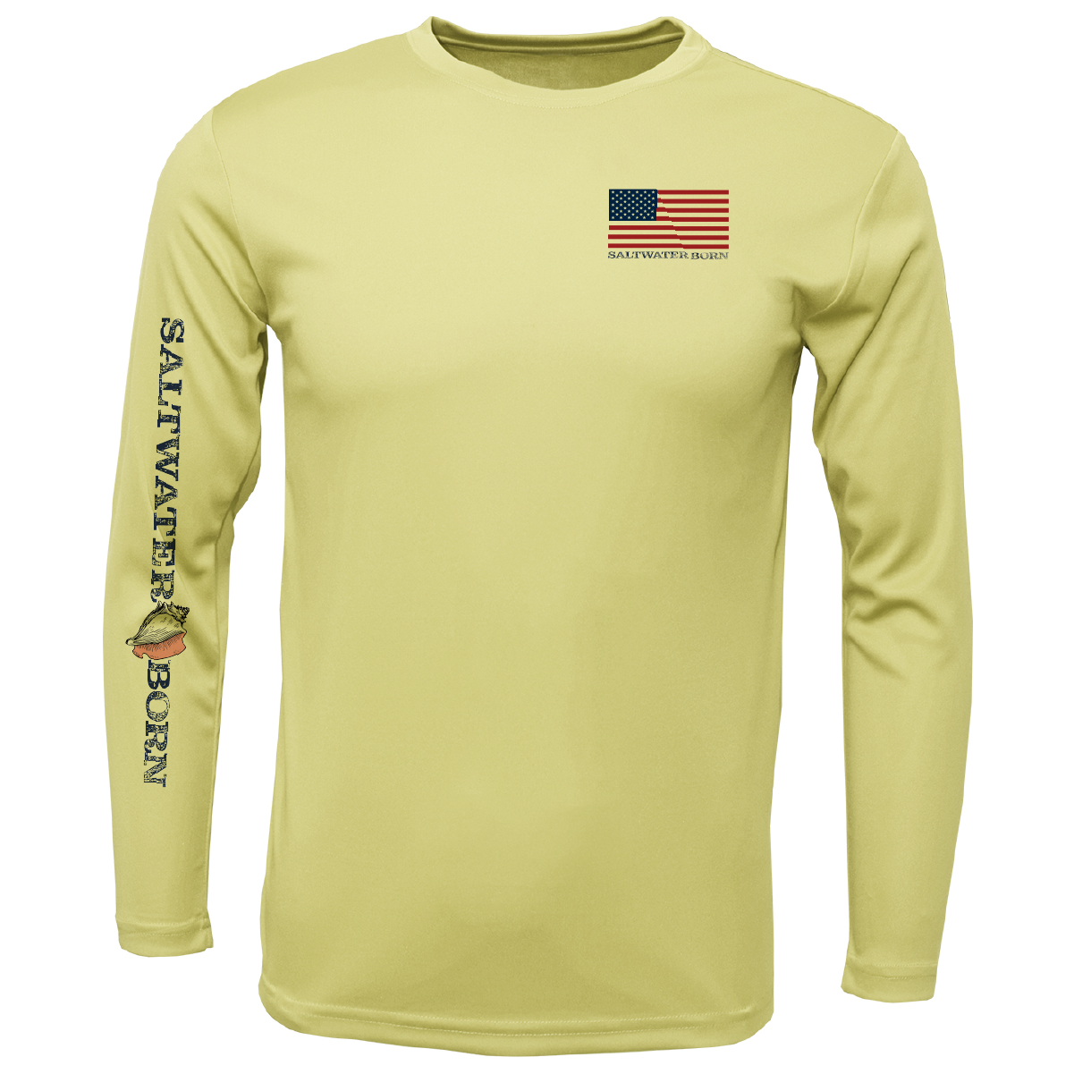 Yellow long-sleeve shirt with American flag and 'Saltwater Born' text on a white background