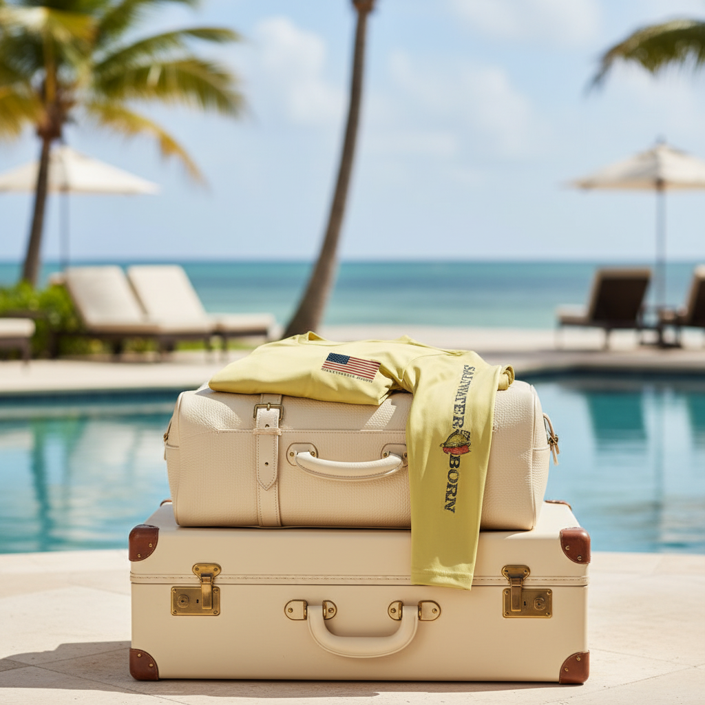 Yellow long-sleeve shirt with American flag and 'Saltwater Born' text on a white background