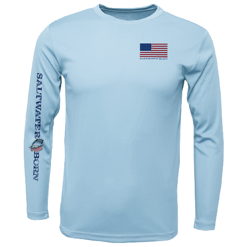 Light blue long-sleeve shirt with American flag and 'Saltwater Born' text on a white background