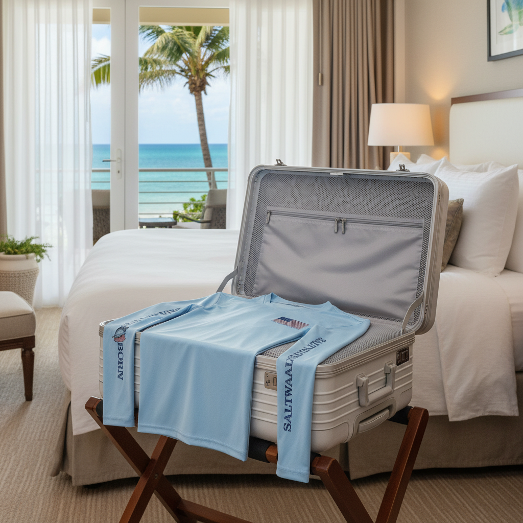 Light blue long-sleeve shirt with American flag and 'Saltwater Born' text on a white background