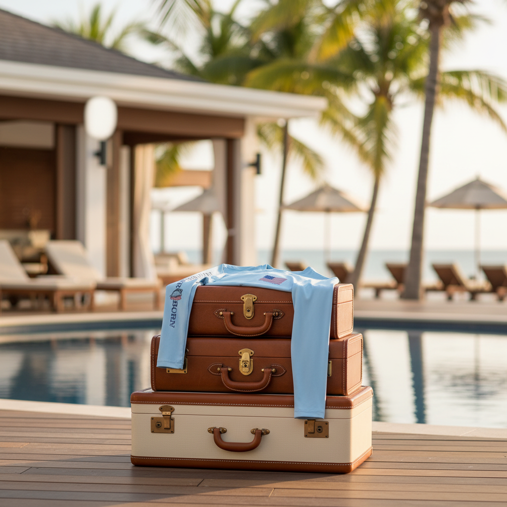 Light blue long-sleeve shirt with American flag and 'Saltwater Born' text on a white background