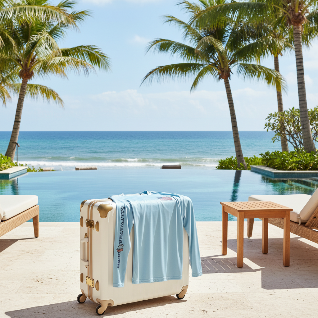 Light blue long-sleeve shirt with American flag and 'Saltwater Born' text on a white background