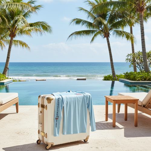 Light blue long-sleeve shirt with American flag and 'Saltwater Born' text on a white background