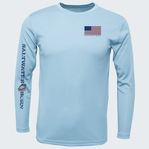 Light blue long-sleeve shirt with American flag and 'Saltwater Born' text on a white background