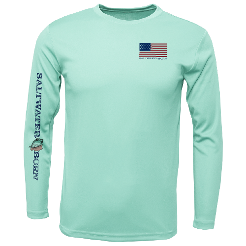 Light blue long-sleeve shirt with 'Saltwater Born' branding and American flag on a white background