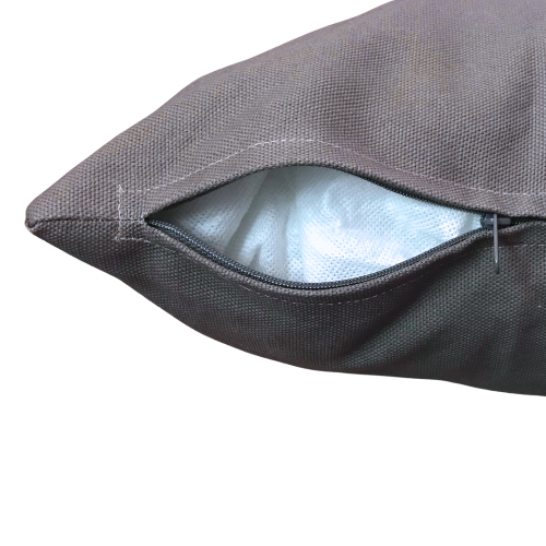 Close-up of a gray fabric bag with a zipper on a white background