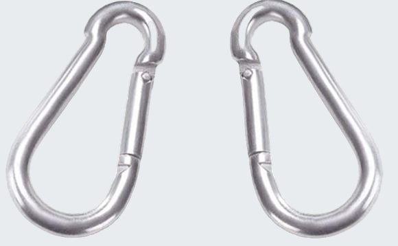 Two silver carabiners on a white background