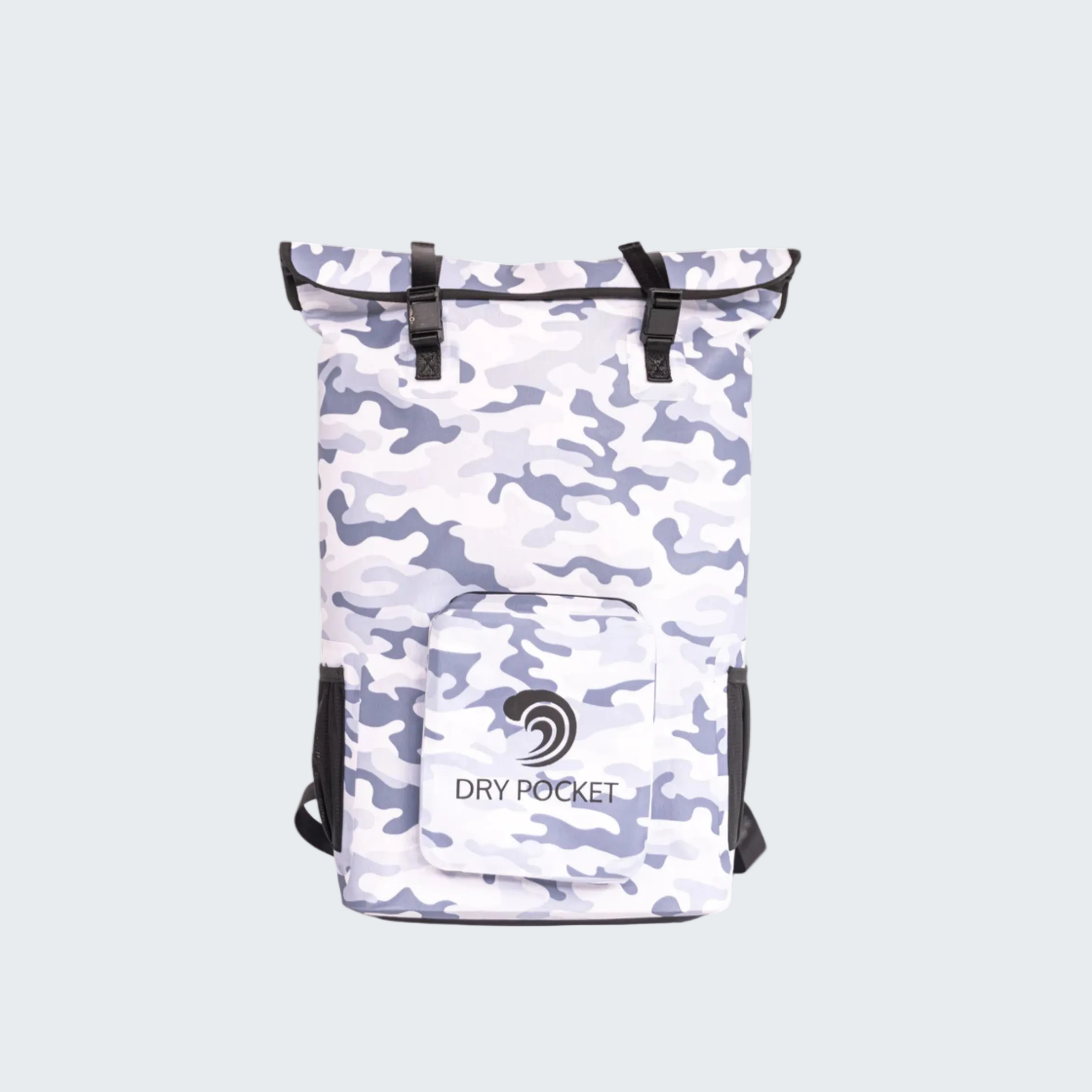 White camouflage backpack with black accents on a white background