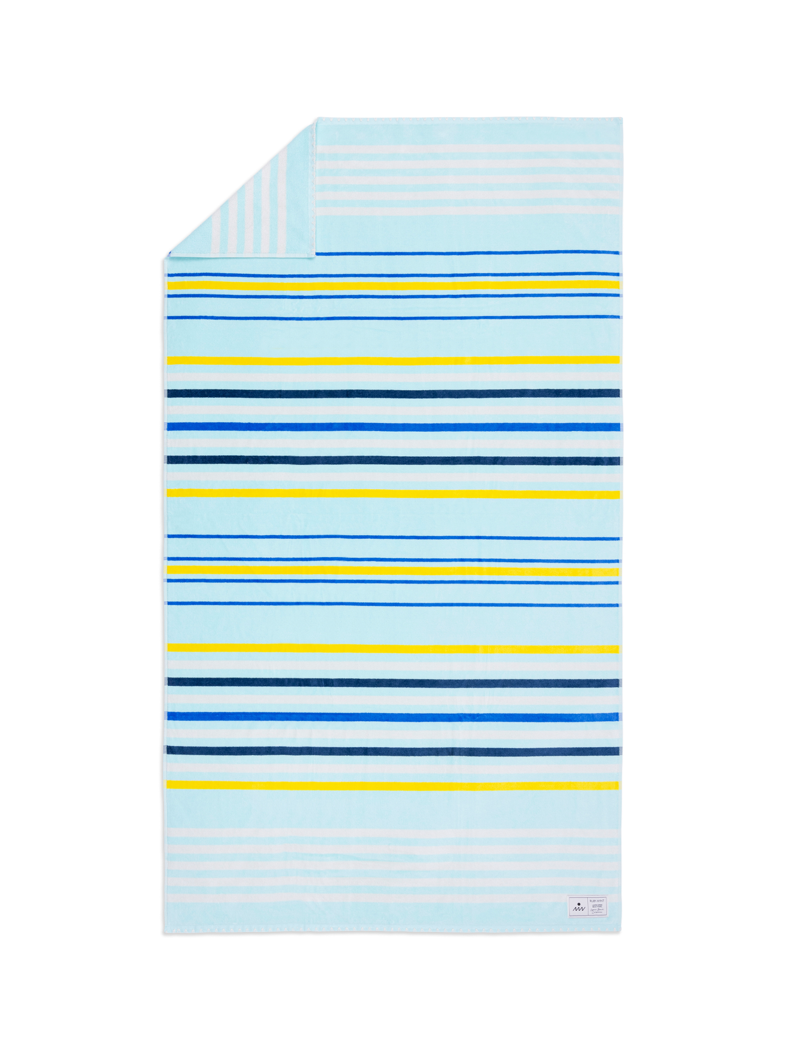 Striped towel with blue, yellow, and white colors on a white background