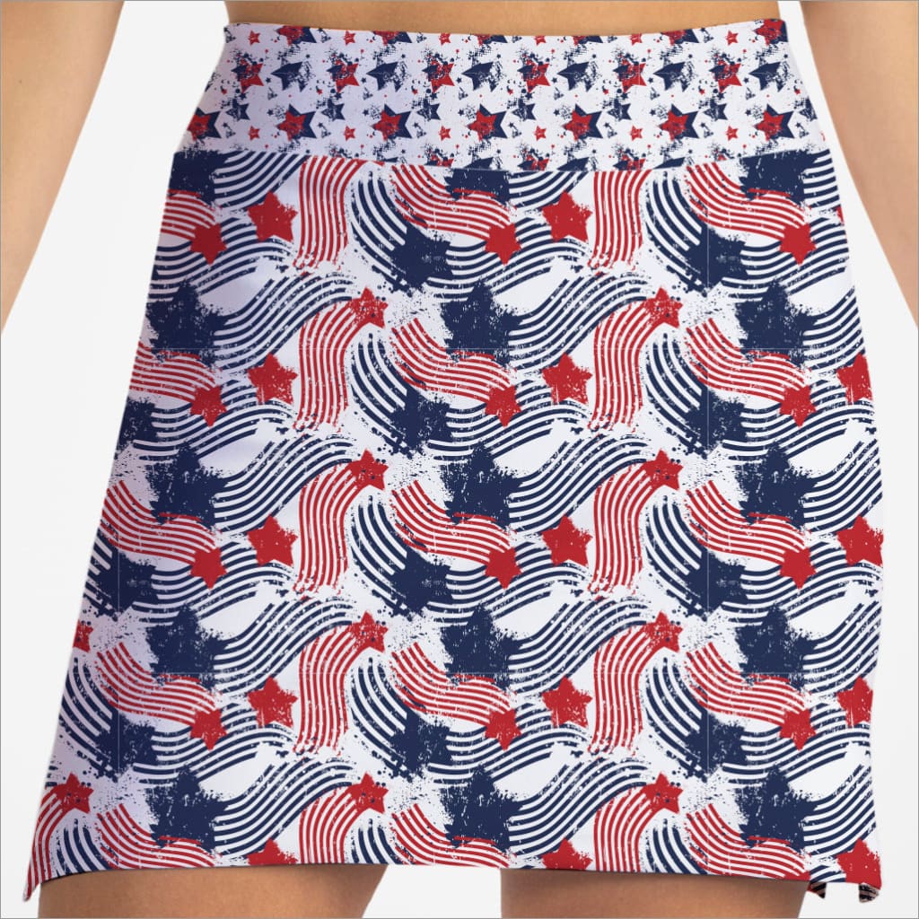 Skirt with American flag pattern in red, white, and blue.