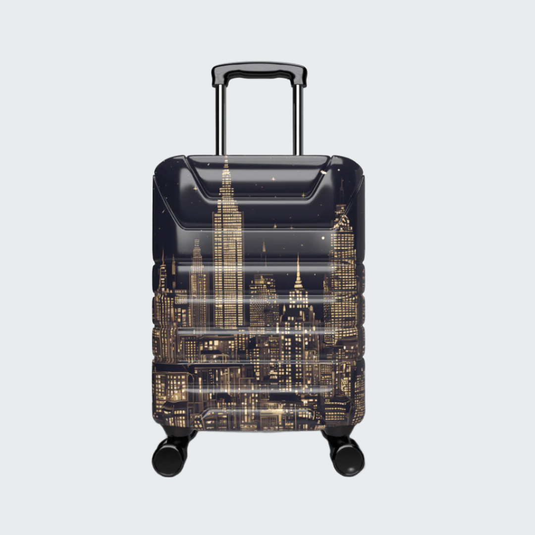 Suitcase with cityscape design on a black background