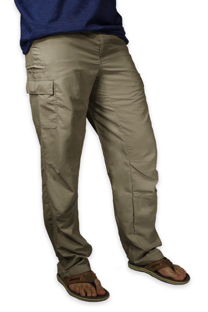 Khaki cargo pants worn by a person on a white background