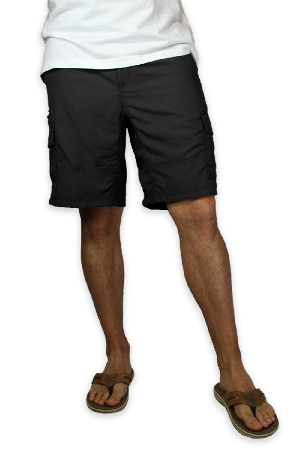 Person wearing black shorts and white shirt on a white background