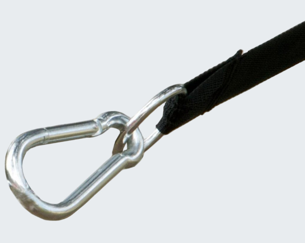 Metal carabiner attached to a black strap on a white background