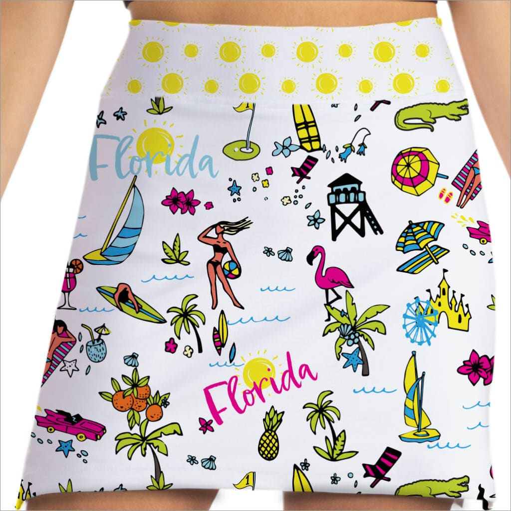 Skirt with Florida-themed pattern featuring beach elements on a white background