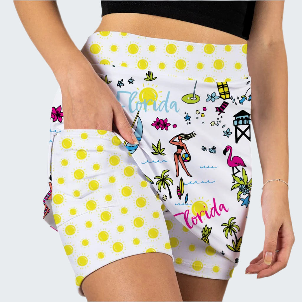Colorful shorts with 'Florida' and beach-themed designs on a white background