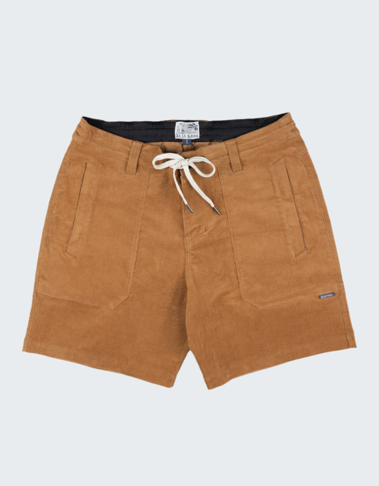 Brown shorts with a drawstring on a white background