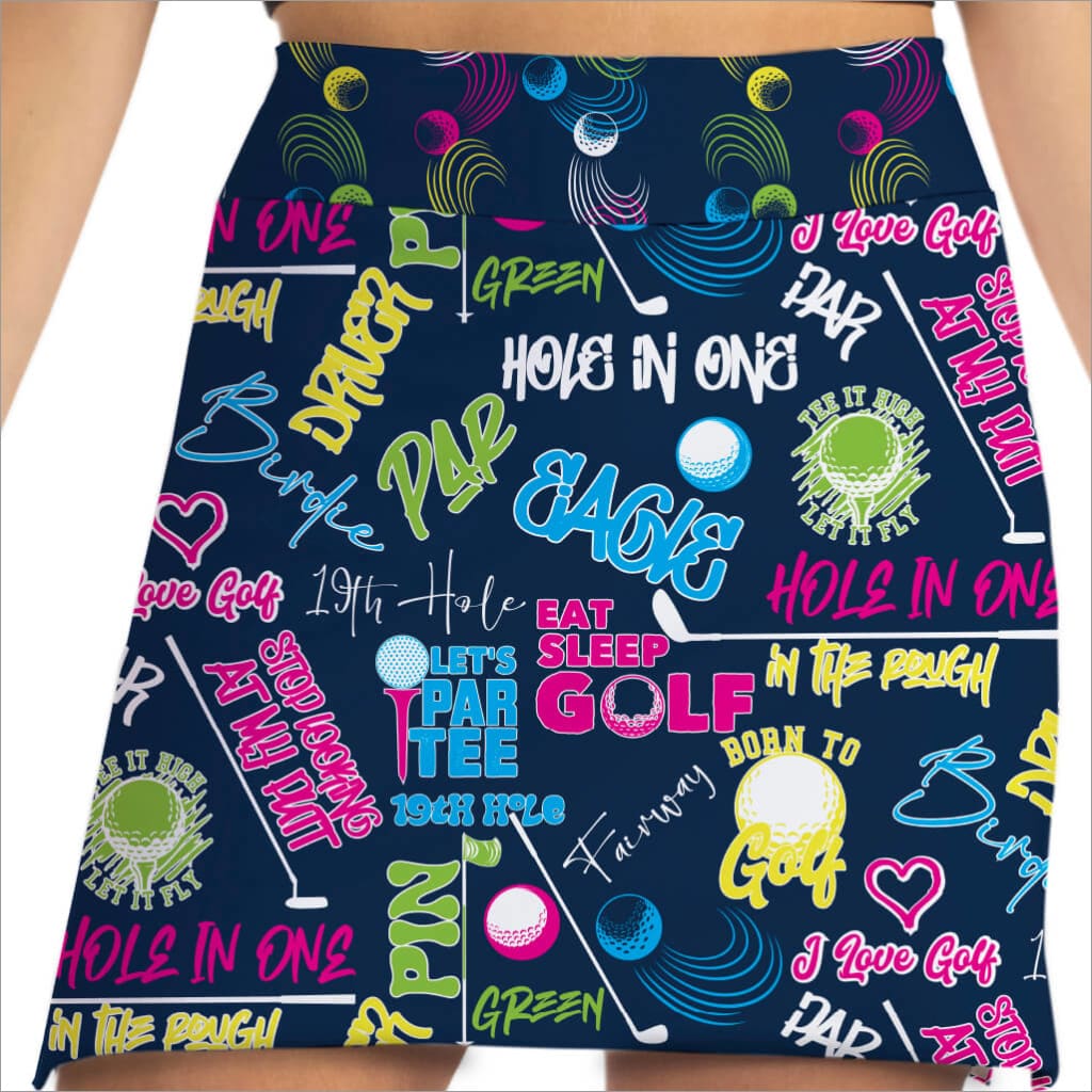 Skirt with colorful golf-themed text and graphics on a navy background