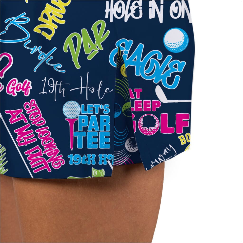 Golf-themed box with colorful text and graphics on a blue background