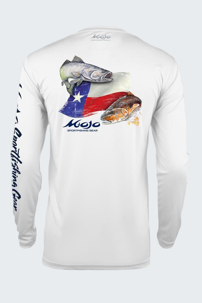 White long-sleeve shirt with fish graphics and a flag design on a white background
