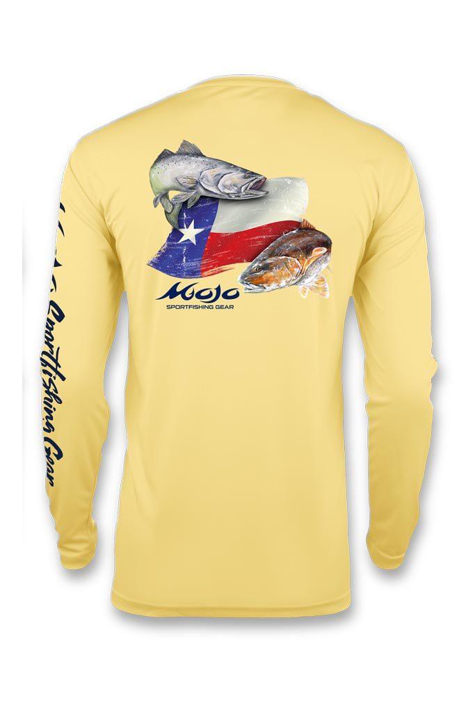 Yellow long-sleeve shirt with fish and flag design on a white background