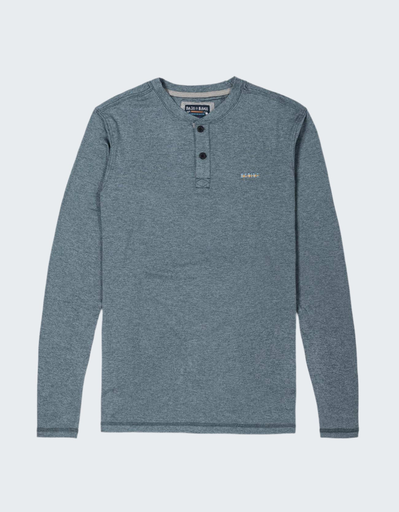 Blue long-sleeve henley shirt on a light gray background