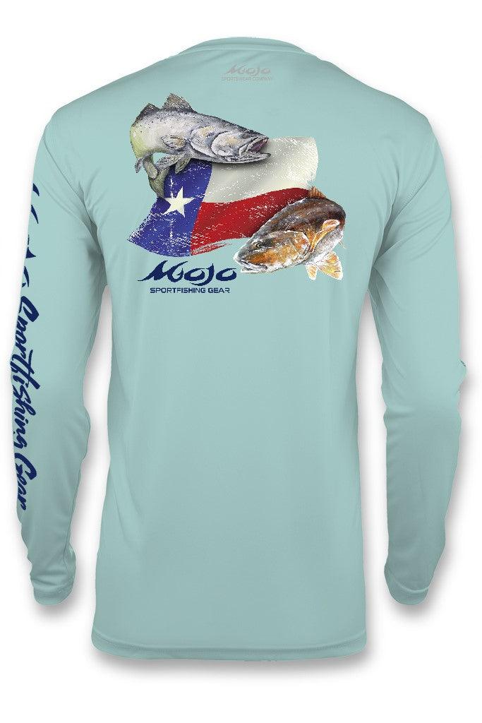 Light blue long-sleeve shirt with fish design and 'Mojo' branding on a white background