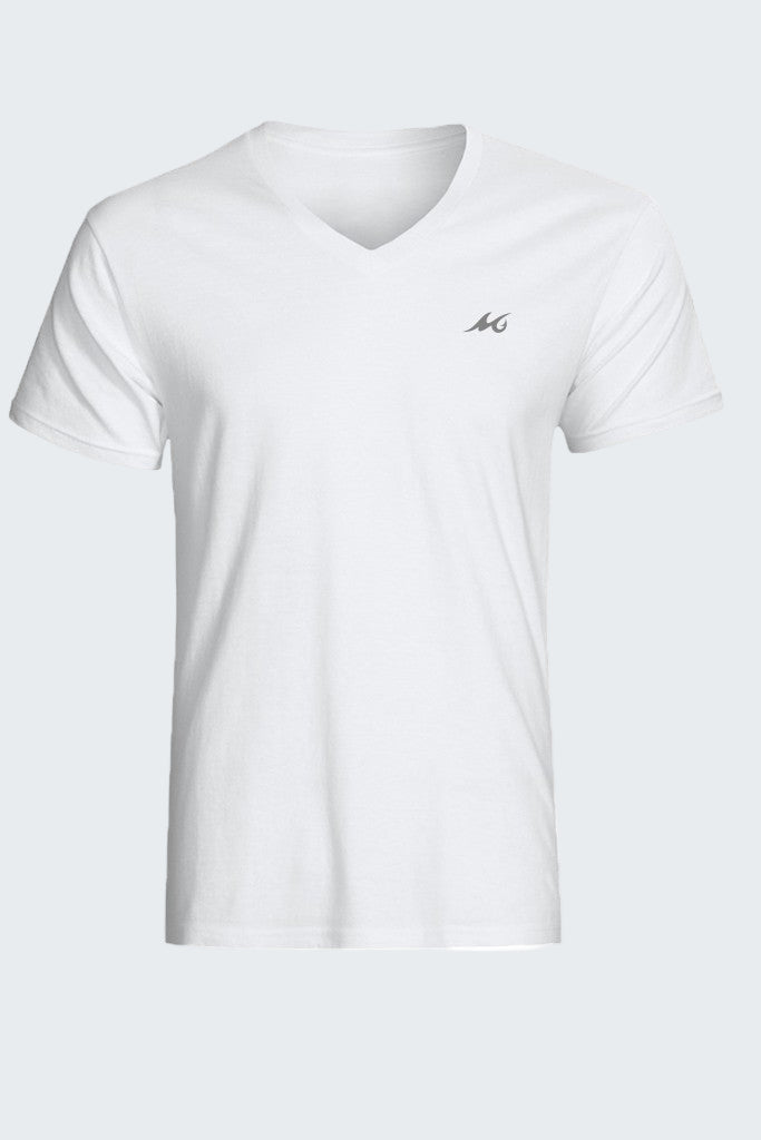 White t-shirt with a logo on a white background