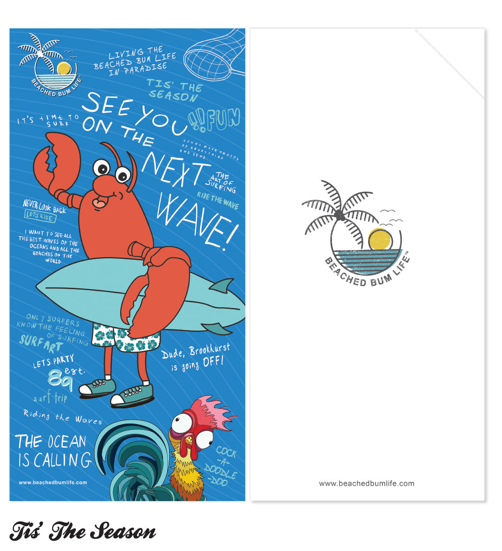 Cartoon lobster on a surfboard with beach-themed text and graphics, featuring the 'Beached Bum Life' brand.