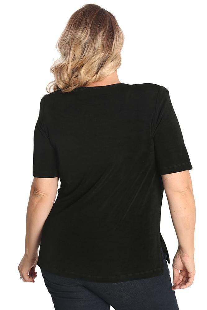 Person wearing a black t-shirt on a white background