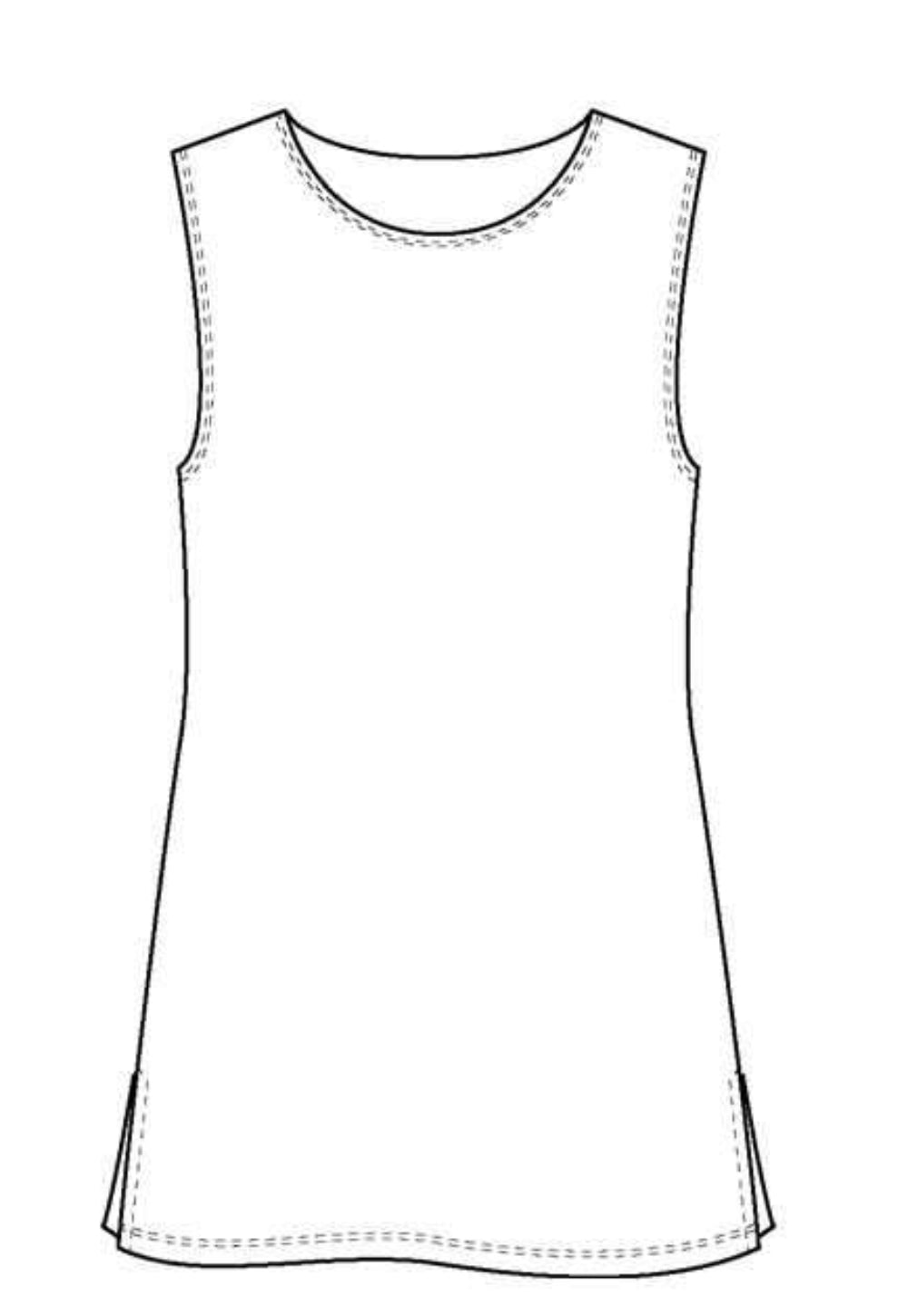 Line drawing of a sleeveless top on a white background