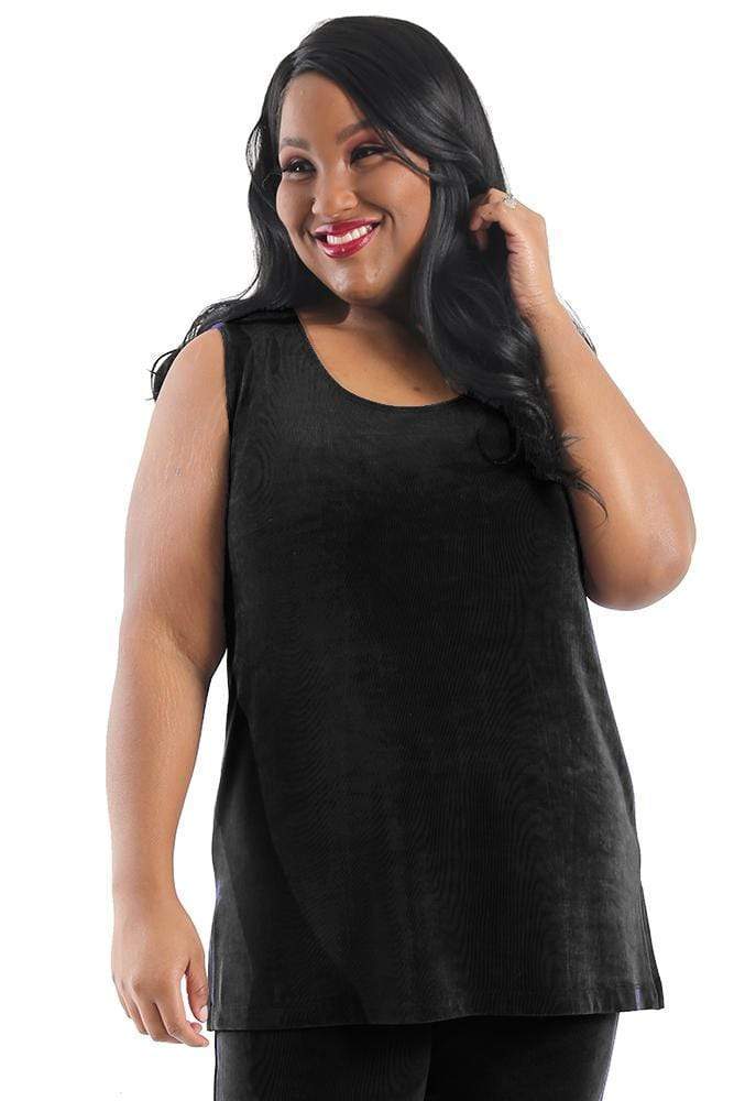 Woman wearing a black sleeveless top on a white background